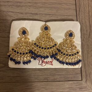 Gold-Tone Blue Kundan-Inspired Chandbali Earrings Indian Jewelry